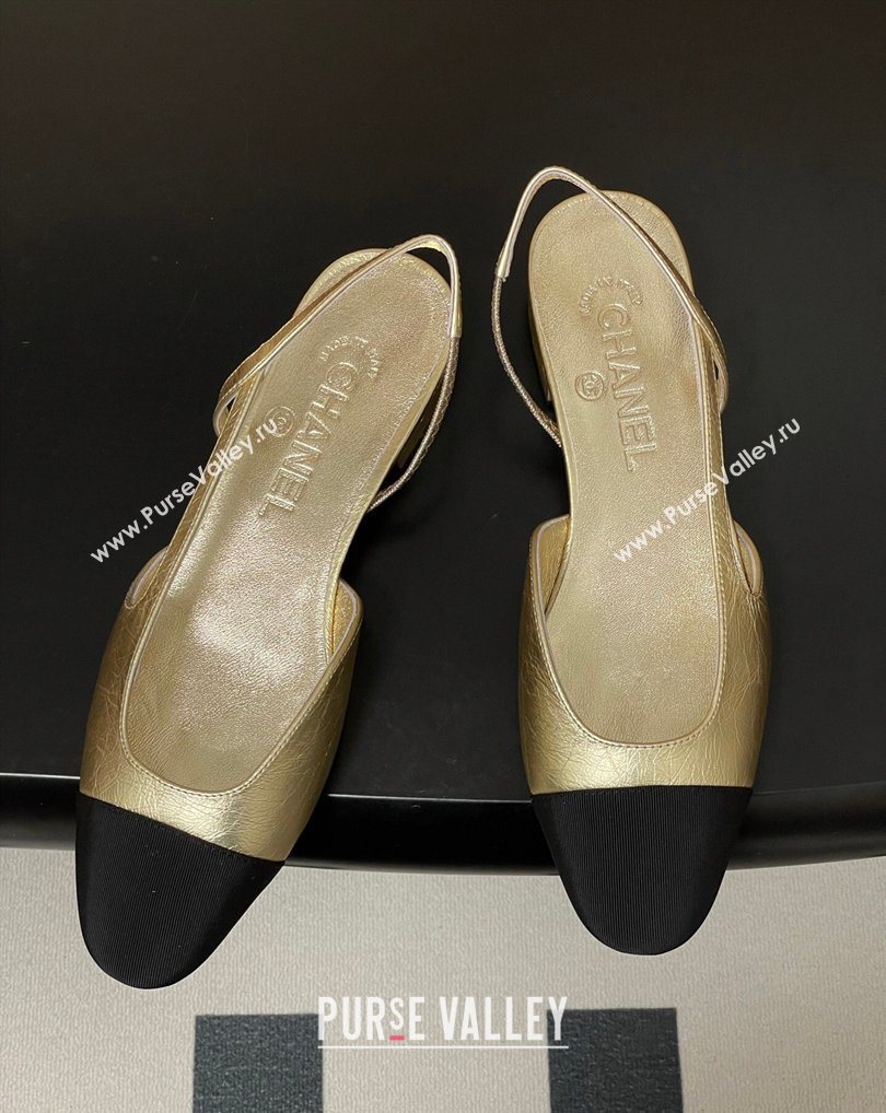 Chanel Metallic Leather Grosgrain Slingbacks Flat Gold/Black 2026 G31319 0309 (MD-260309035)