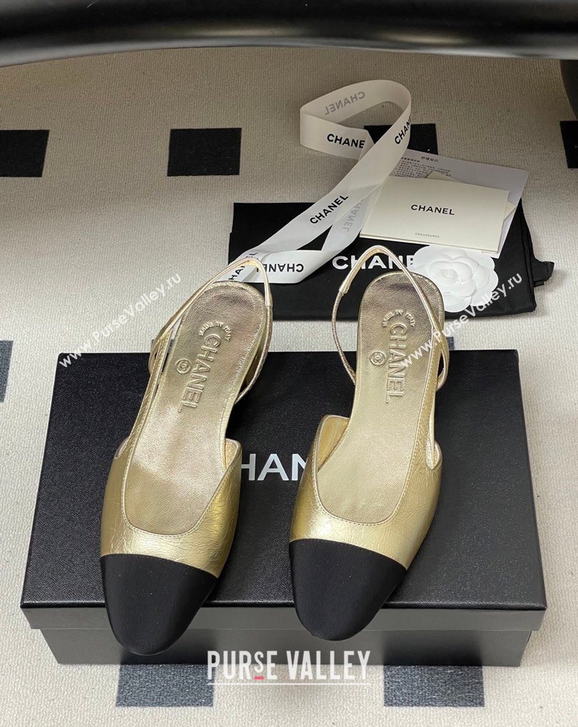 Chanel Metallic Leather Grosgrain Slingbacks Flat Gold/Black 2026 G31319 0309 (MD-260309035)