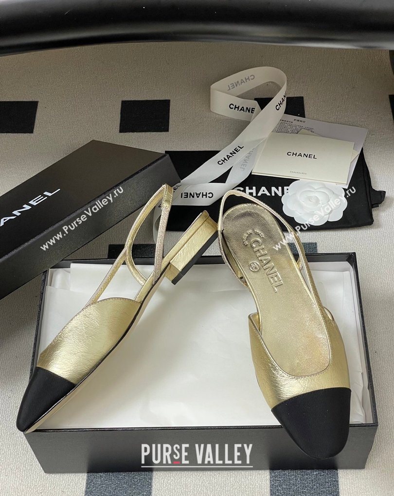 Chanel Metallic Leather Grosgrain Slingbacks Flat Gold/Black 2026 G31319 0309 (MD-260309035)