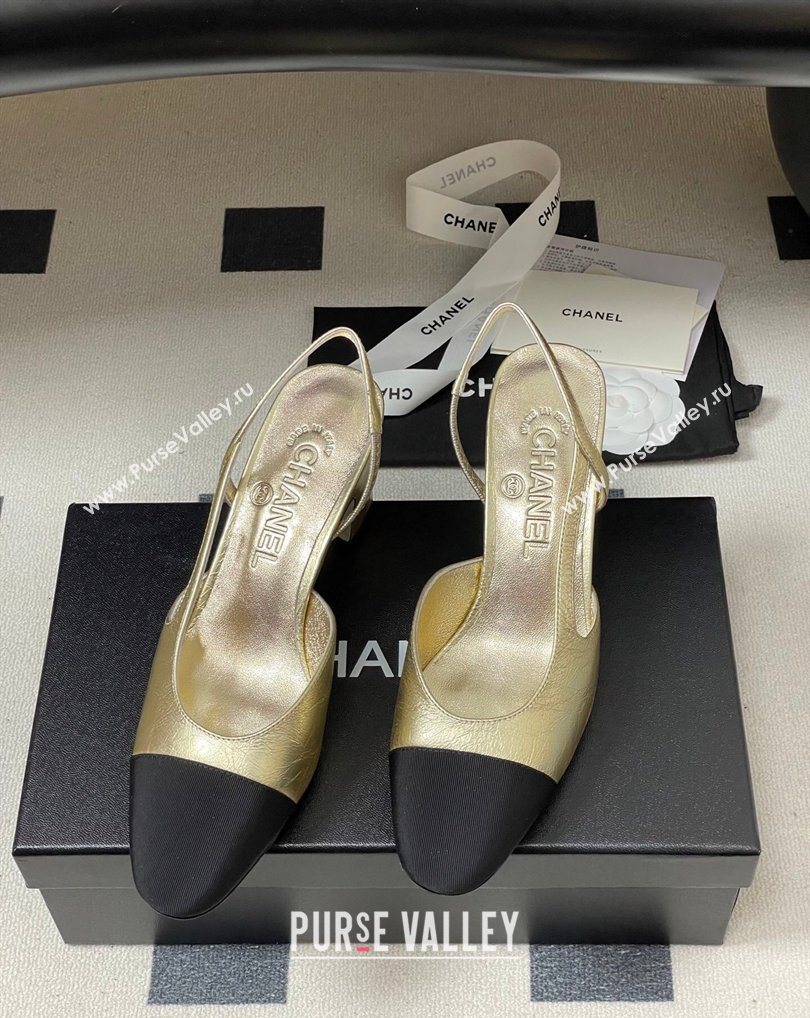 Chanel Metallic Leather Grosgrain Slingbacks Pump 6.5cm Gold/Black 2026 G31318 0309 (MD-260309036)