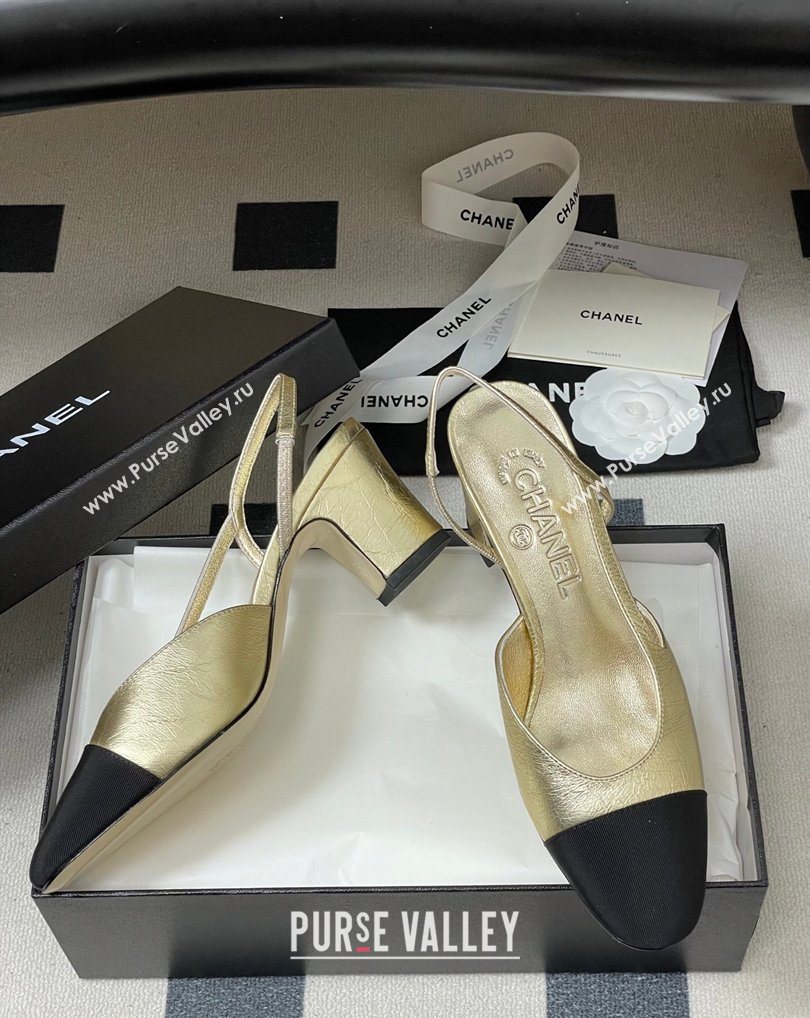 Chanel Metallic Leather Grosgrain Slingbacks Pump 6.5cm Gold/Black 2026 G31318 0309 (MD-260309036)