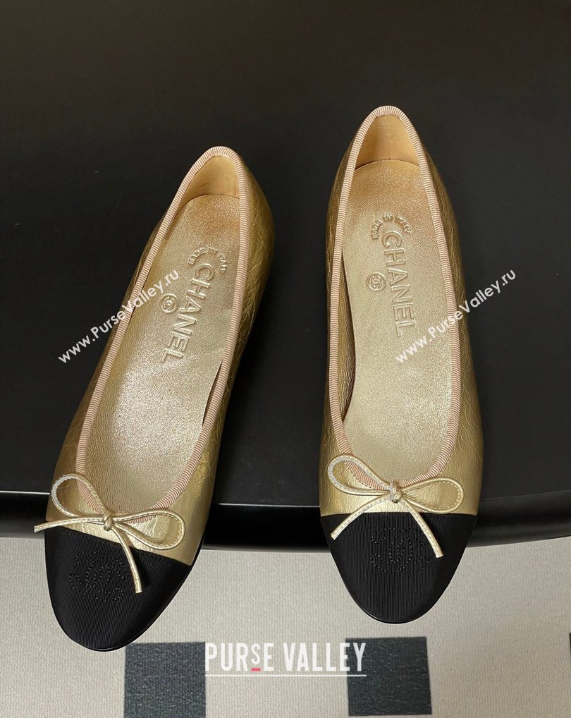 Chanel Metallic Leather Grosgrain Ballet Flats with Bow Gold/Black 2026 G02819 0309 (MD-260309037)