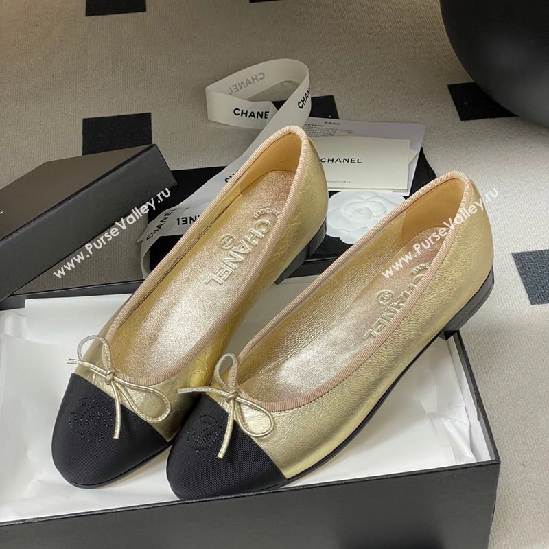 Chanel Metallic Leather Grosgrain Ballet Flats with Bow Gold/Black 2026 G02819 0309 (MD-260309037)