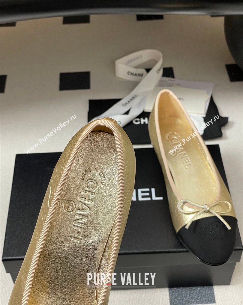 Chanel Metallic Leather Grosgrain Ballet Flats with Bow Gold/Black 2026 G02819 0309 (MD-260309037)