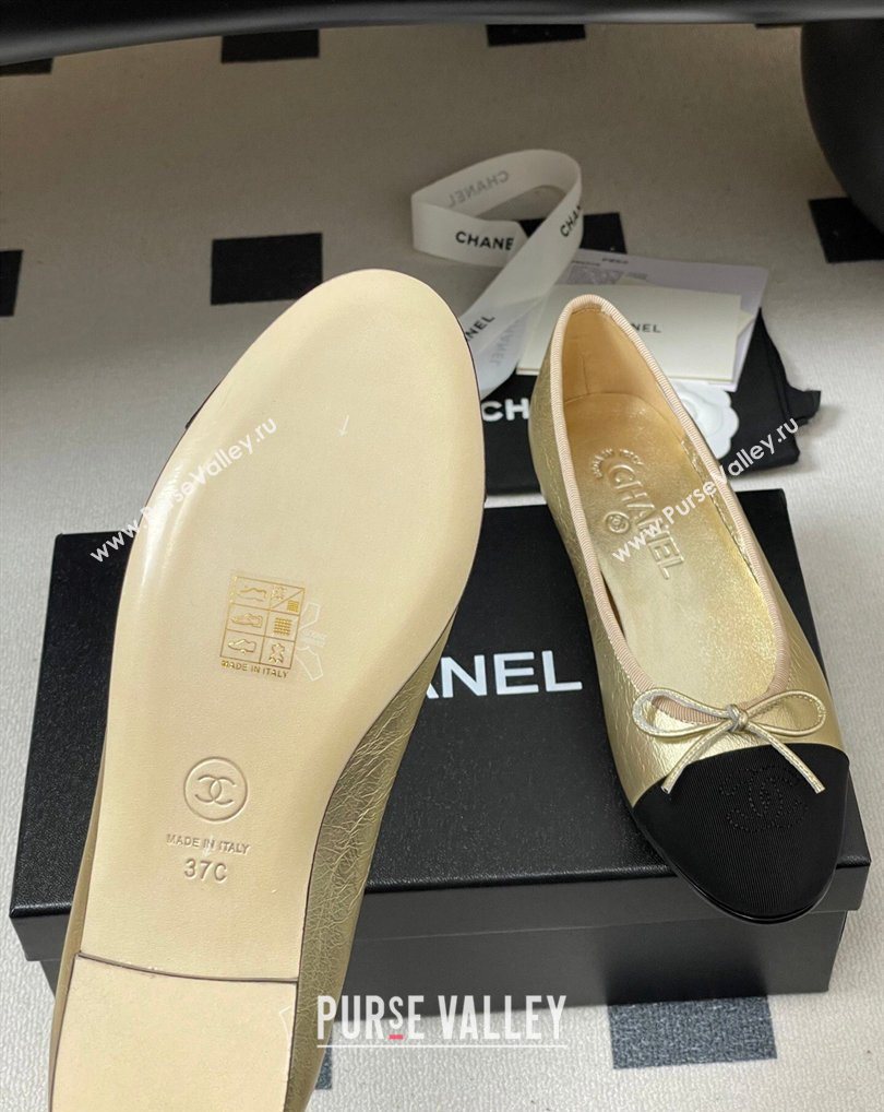 Chanel Metallic Leather Grosgrain Ballet Flats with Bow Gold/Black 2026 G02819 0309 (MD-260309037)
