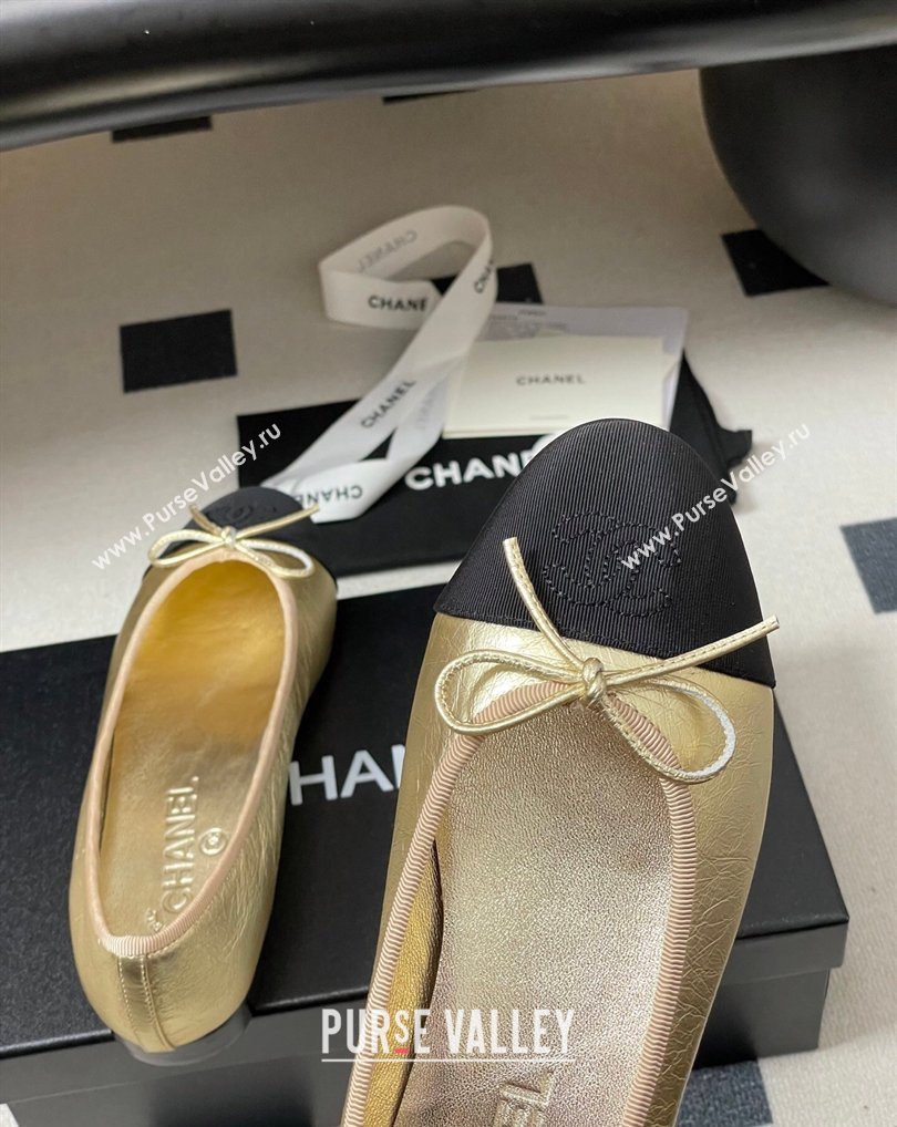 Chanel Metallic Leather Grosgrain Ballet Flats with Bow Gold/Black 2026 G02819 0309 (MD-260309037)