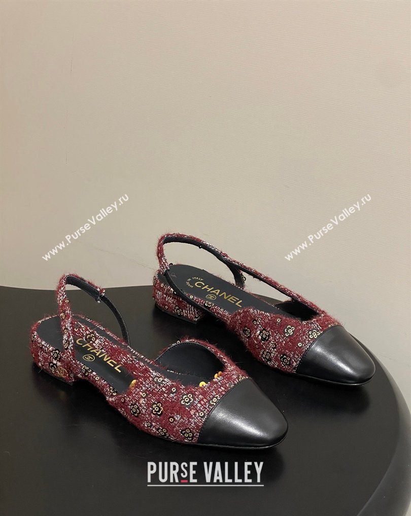 Chanel Camellia Tweed Lambskin Leather Slingbacks Flat Burgundy 2026 G31319 0309 (MD-260309045)