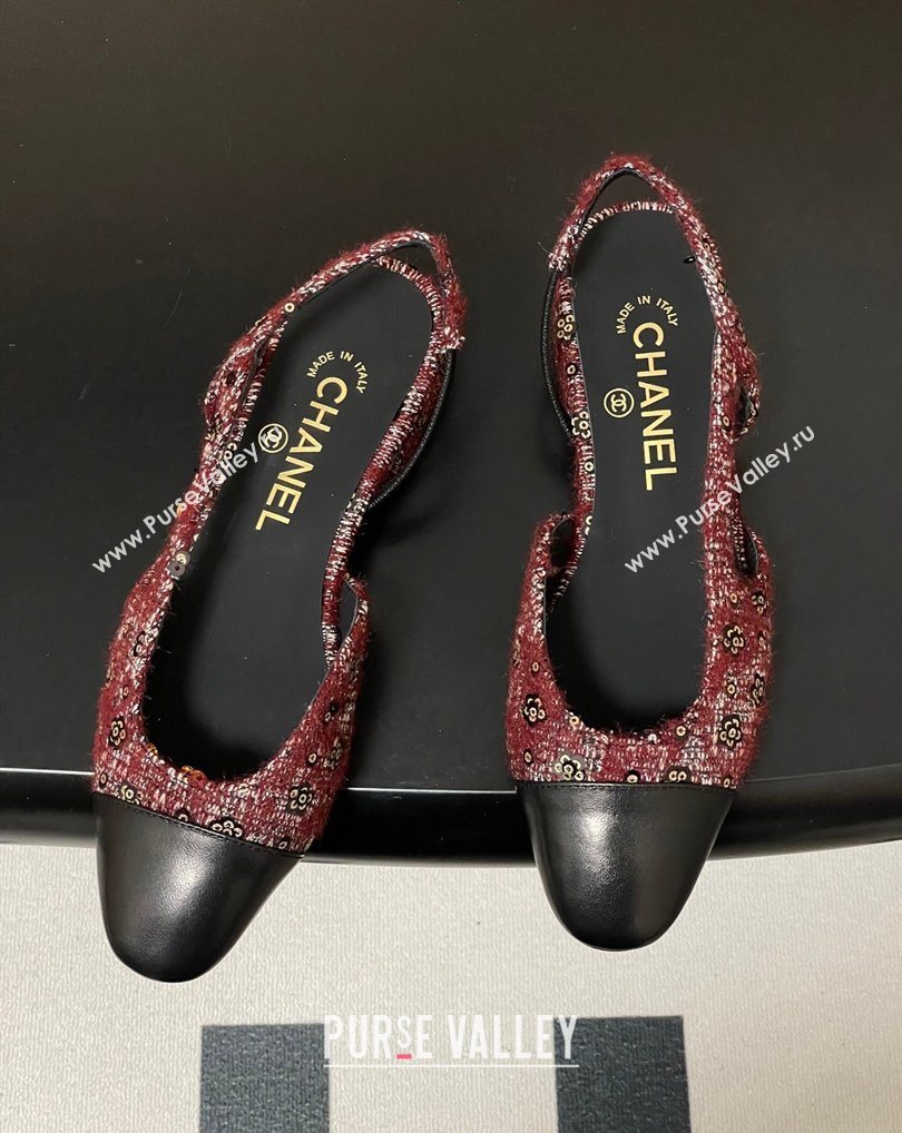 Chanel Camellia Tweed Lambskin Leather Slingbacks Flat Burgundy 2026 G31319 0309 (MD-260309045)