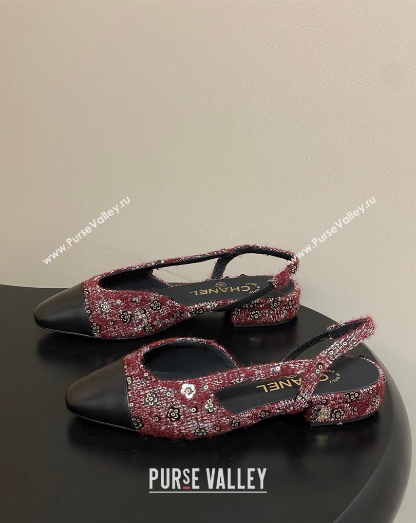 Chanel Camellia Tweed Lambskin Leather Slingbacks Flat Burgundy 2026 G31319 0309 (MD-260309045)
