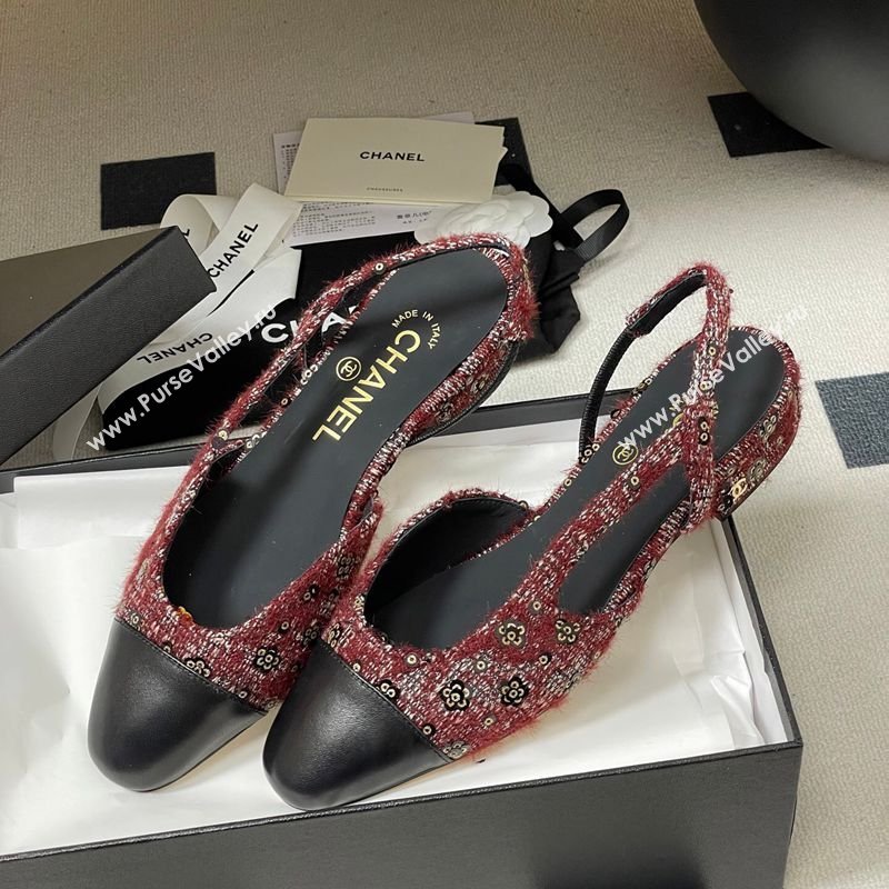 Chanel Camellia Tweed Lambskin Leather Slingbacks Flat Burgundy 2026 G31319 0309 (MD-260309045)