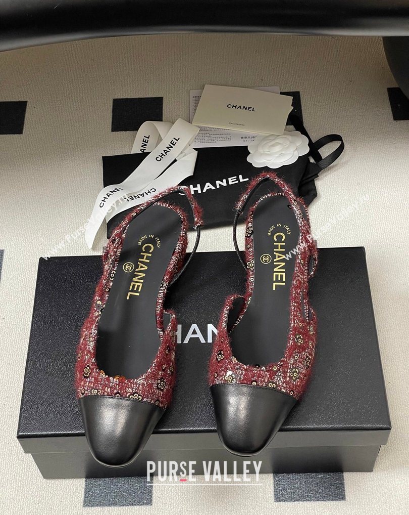 Chanel Camellia Tweed Lambskin Leather Slingbacks Flat Burgundy 2026 G31319 0309 (MD-260309045)
