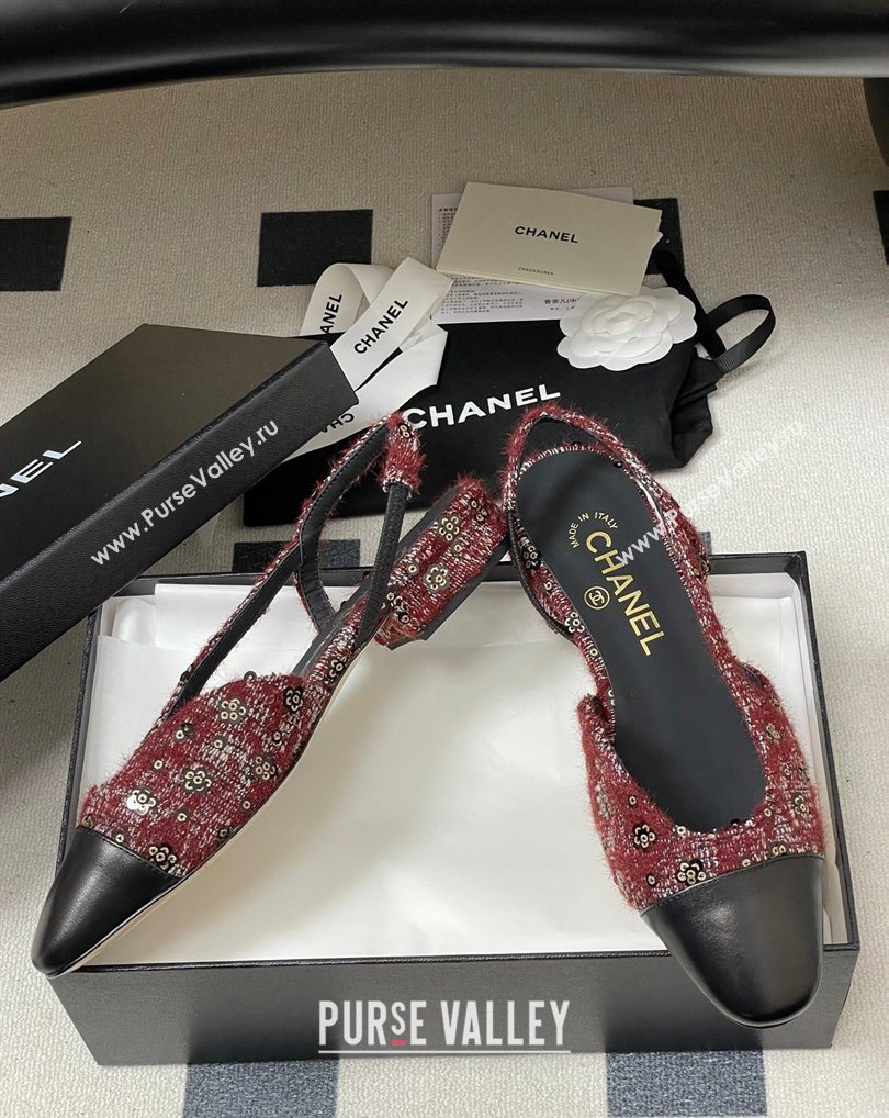 Chanel Camellia Tweed Lambskin Leather Slingbacks Flat Burgundy 2026 G31319 0309 (MD-260309045)