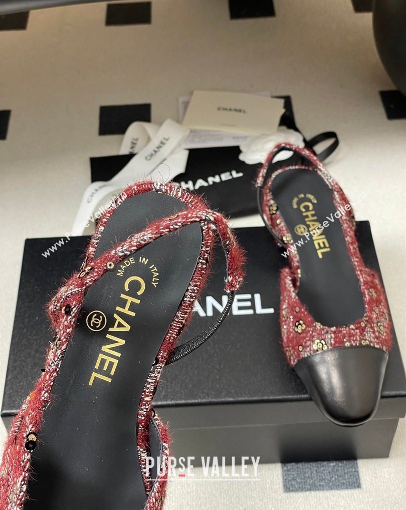 Chanel Camellia Tweed Lambskin Leather Slingbacks Flat Burgundy 2026 G31319 0309 (MD-260309045)
