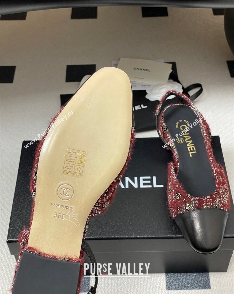 Chanel Camellia Tweed Lambskin Leather Slingbacks Flat Burgundy 2026 G31319 0309 (MD-260309045)