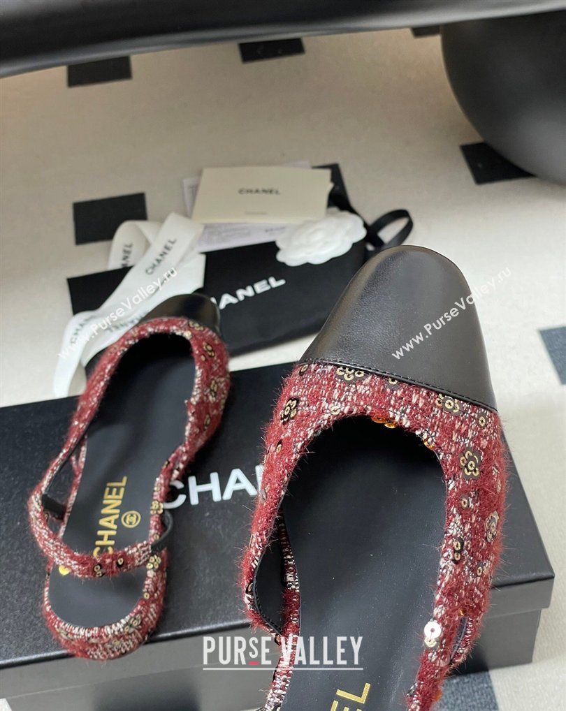 Chanel Camellia Tweed Lambskin Leather Slingbacks Flat Burgundy 2026 G31319 0309 (MD-260309045)