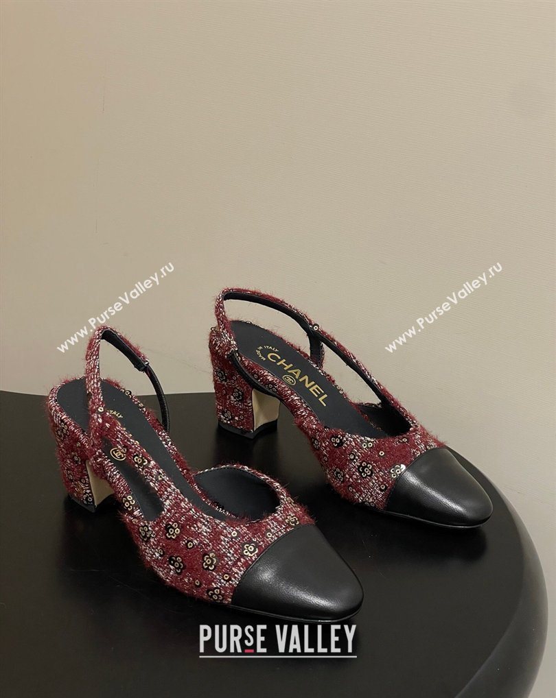 Chanel Camellia Tweed Lambskin Leather Slingbacks Pump 6.5cm Burgundy 2026 G31318 0309 (MD-260309049)
