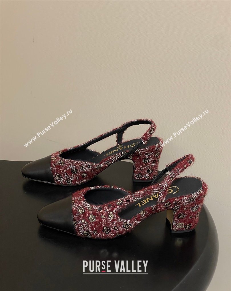 Chanel Camellia Tweed Lambskin Leather Slingbacks Pump 6.5cm Burgundy 2026 G31318 0309 (MD-260309049)