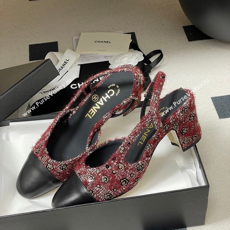 Chanel Camellia Tweed Lambskin Leather Slingbacks Pump 6.5cm Burgundy 2026 G31318 0309 (MD-260309049)