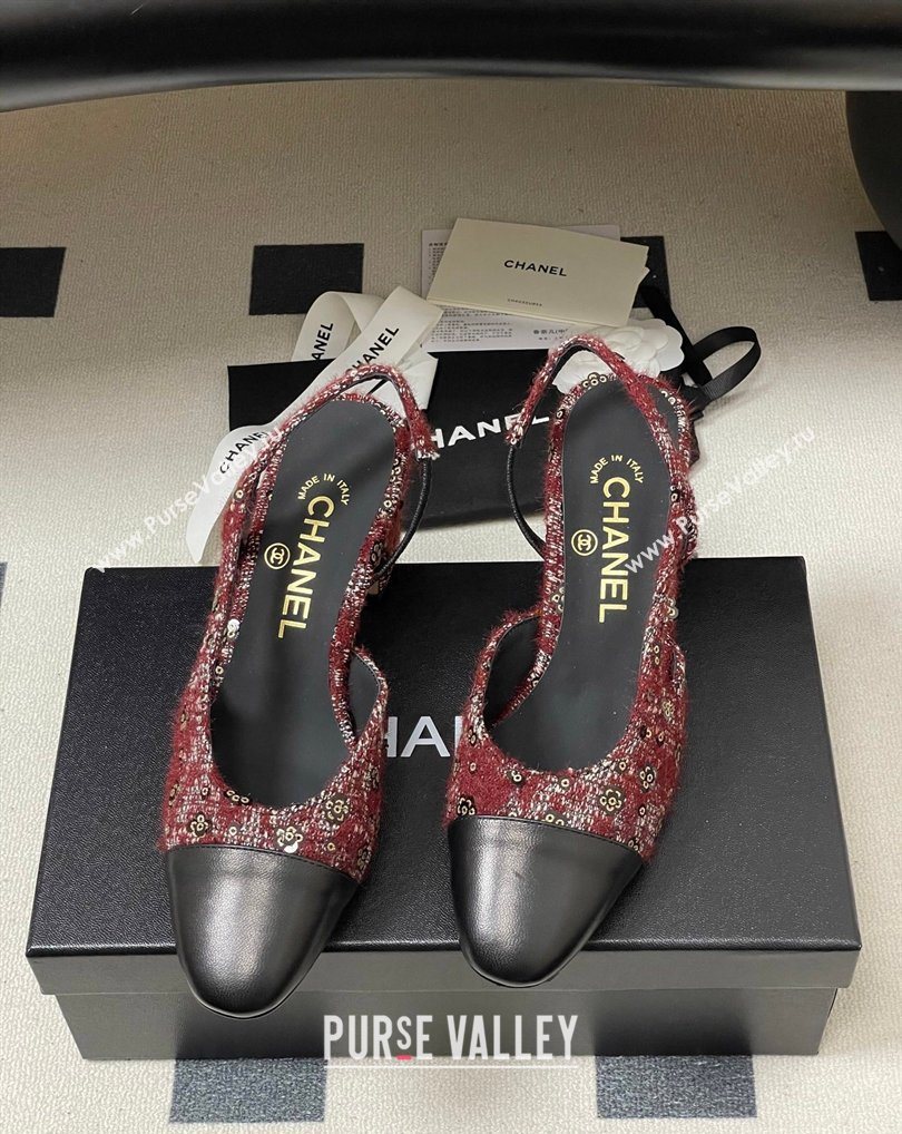 Chanel Camellia Tweed Lambskin Leather Slingbacks Pump 6.5cm Burgundy 2026 G31318 0309 (MD-260309049)