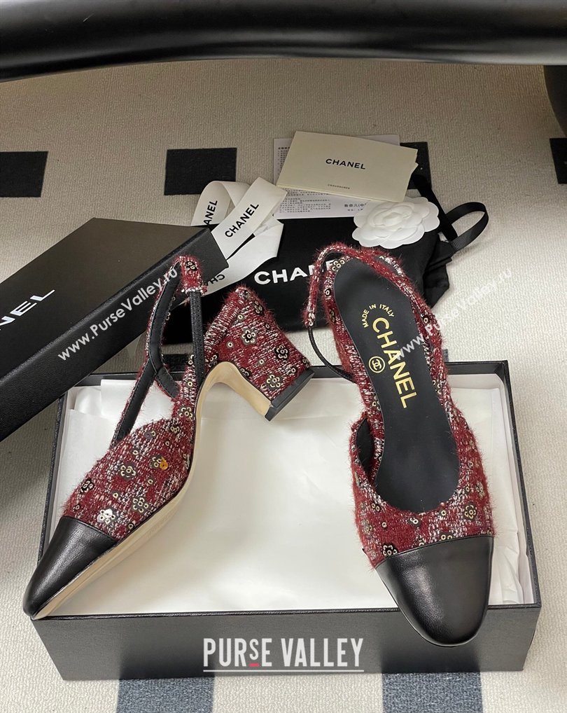Chanel Camellia Tweed Lambskin Leather Slingbacks Pump 6.5cm Burgundy 2026 G31318 0309 (MD-260309049)