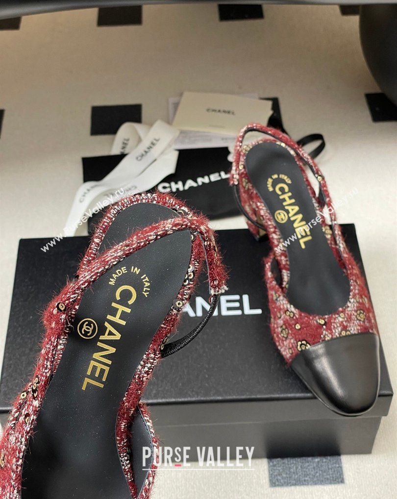Chanel Camellia Tweed Lambskin Leather Slingbacks Pump 6.5cm Burgundy 2026 G31318 0309 (MD-260309049)