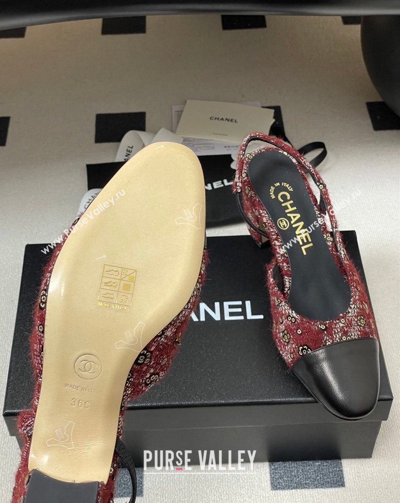 Chanel Camellia Tweed Lambskin Leather Slingbacks Pump 6.5cm Burgundy 2026 G31318 0309 (MD-260309049)