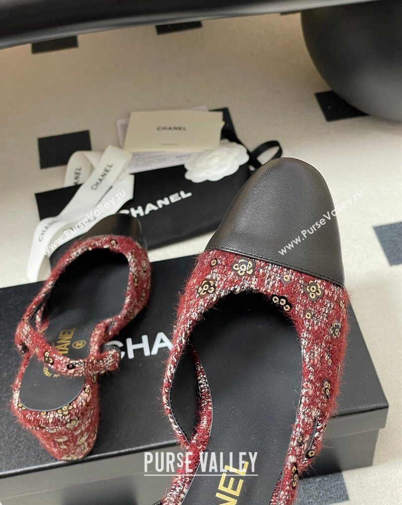 Chanel Camellia Tweed Lambskin Leather Slingbacks Pump 6.5cm Burgundy 2026 G31318 0309 (MD-260309049)