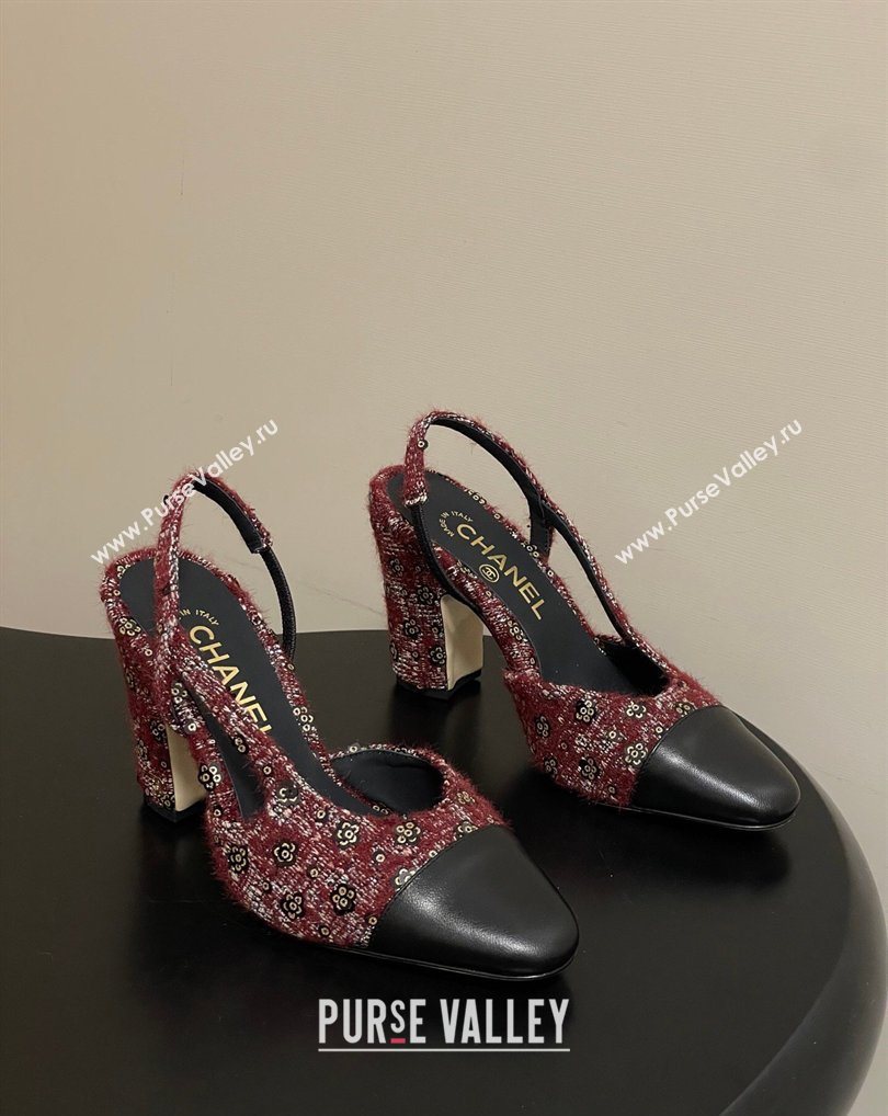 Chanel Camellia Tweed Lambskin Leather Slingbacks Pump 9cm Burgundy 2026 G45509 0309 (MD-260309053)