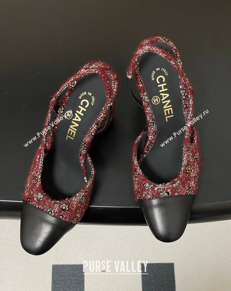 Chanel Camellia Tweed Lambskin Leather Slingbacks Pump 9cm Burgundy 2026 G45509 0309 (MD-260309053)