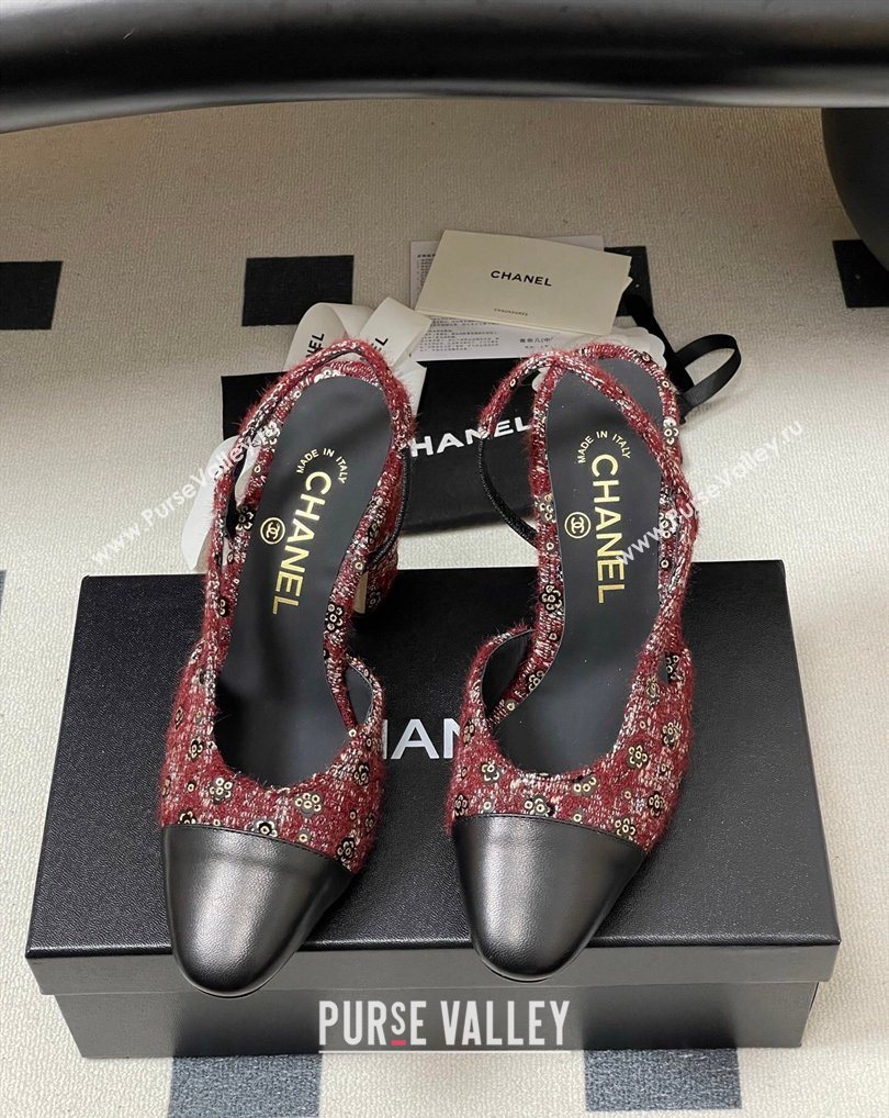 Chanel Camellia Tweed Lambskin Leather Slingbacks Pump 9cm Burgundy 2026 G45509 0309 (MD-260309053)