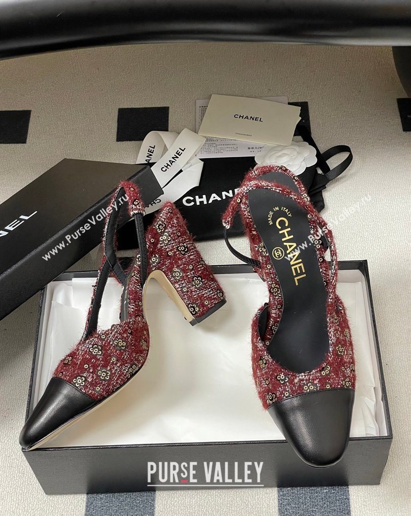 Chanel Camellia Tweed Lambskin Leather Slingbacks Pump 9cm Burgundy 2026 G45509 0309 (MD-260309053)