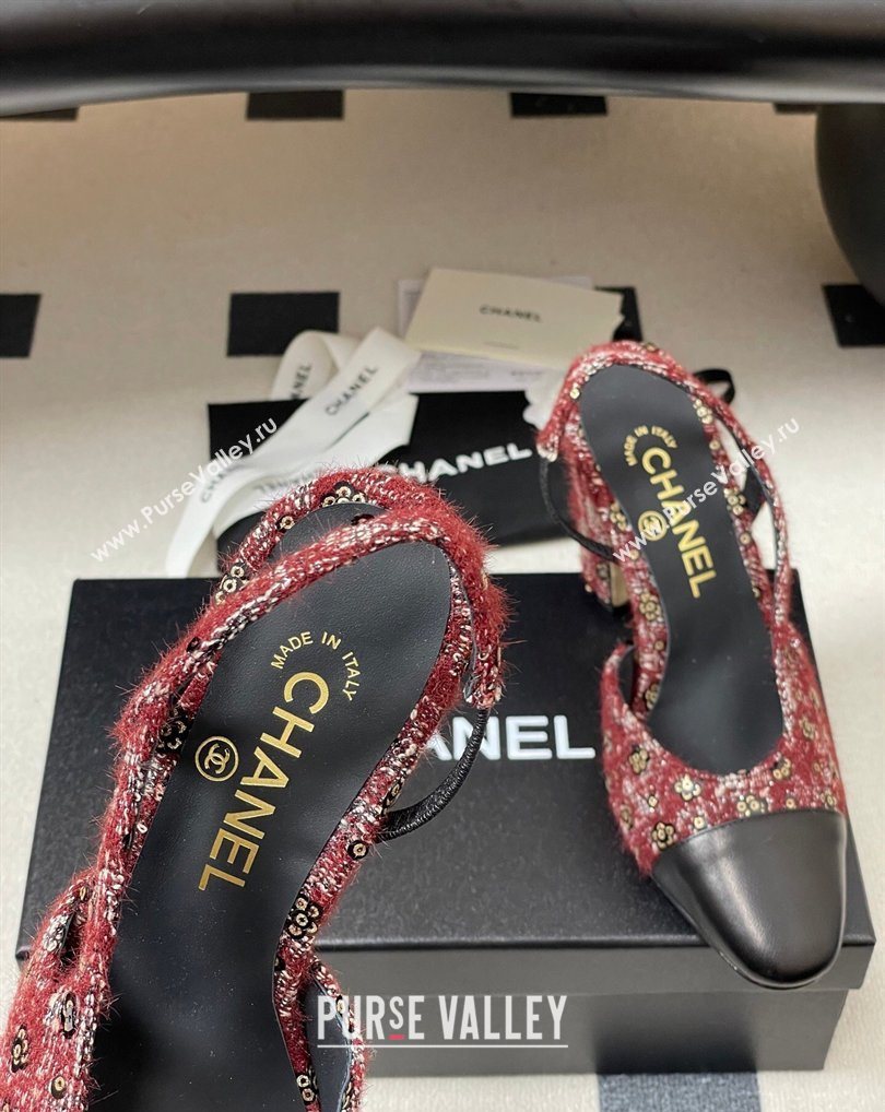 Chanel Camellia Tweed Lambskin Leather Slingbacks Pump 9cm Burgundy 2026 G45509 0309 (MD-260309053)