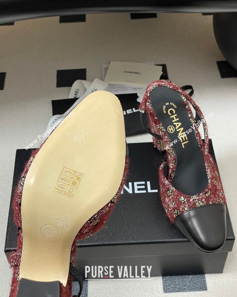 Chanel Camellia Tweed Lambskin Leather Slingbacks Pump 9cm Burgundy 2026 G45509 0309 (MD-260309053)