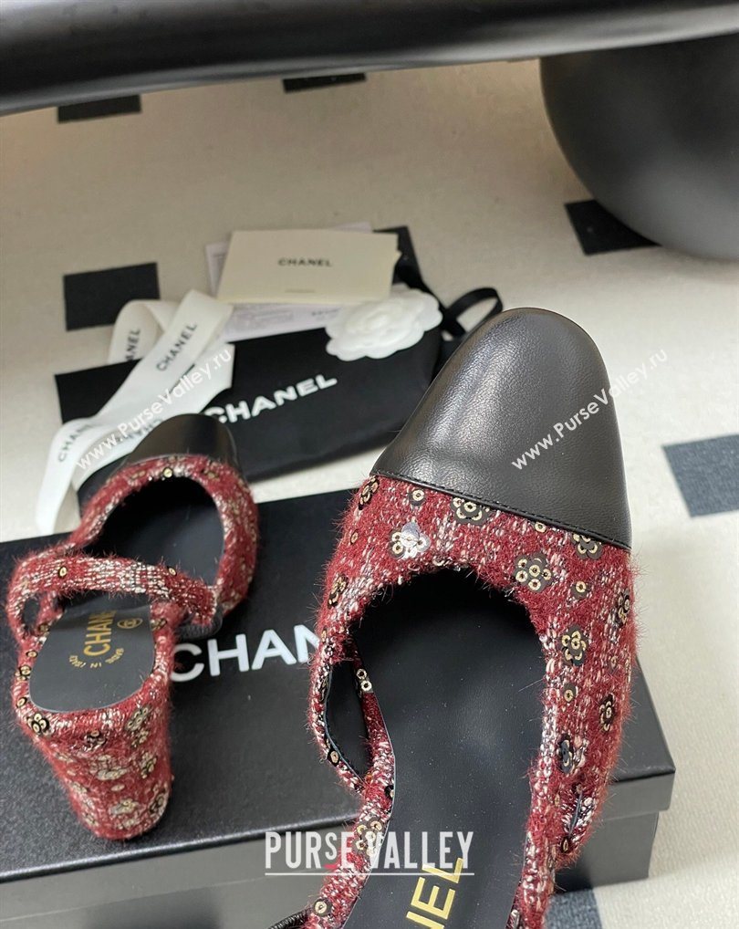 Chanel Camellia Tweed Lambskin Leather Slingbacks Pump 9cm Burgundy 2026 G45509 0309 (MD-260309053)