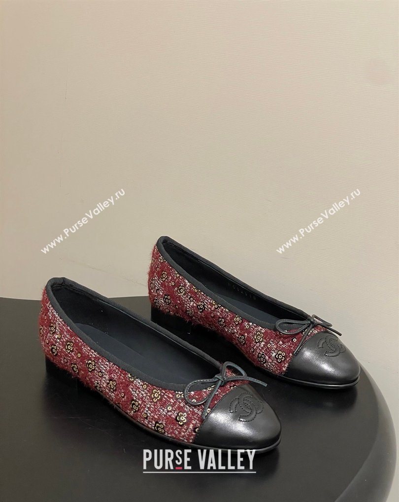 Chanel Camellia Tweed Lambskin Leather Ballet Flats with Bow Burgundy/Black 2026 G02819 0309 (MD-260309041)