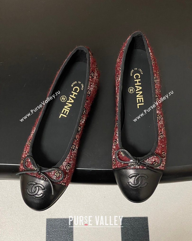 Chanel Camellia Tweed Lambskin Leather Ballet Flats with Bow Burgundy/Black 2026 G02819 0309 (MD-260309041)