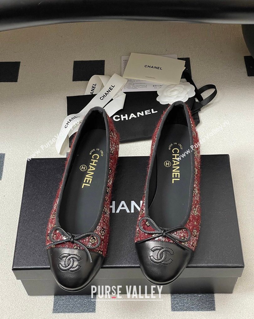 Chanel Camellia Tweed Lambskin Leather Ballet Flats with Bow Burgundy/Black 2026 G02819 0309 (MD-260309041)