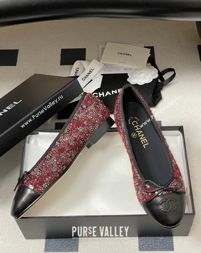 Chanel Camellia Tweed Lambskin Leather Ballet Flats with Bow Burgundy/Black 2026 G02819 0309 (MD-260309041)