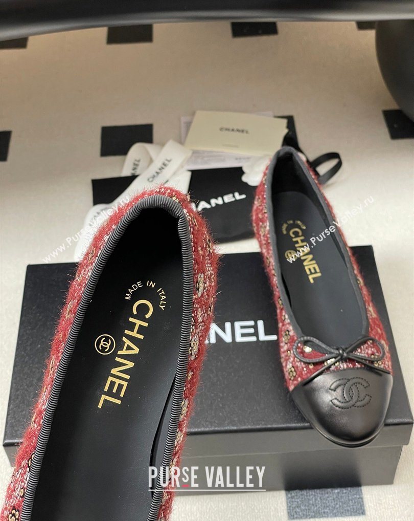 Chanel Camellia Tweed Lambskin Leather Ballet Flats with Bow Burgundy/Black 2026 G02819 0309 (MD-260309041)