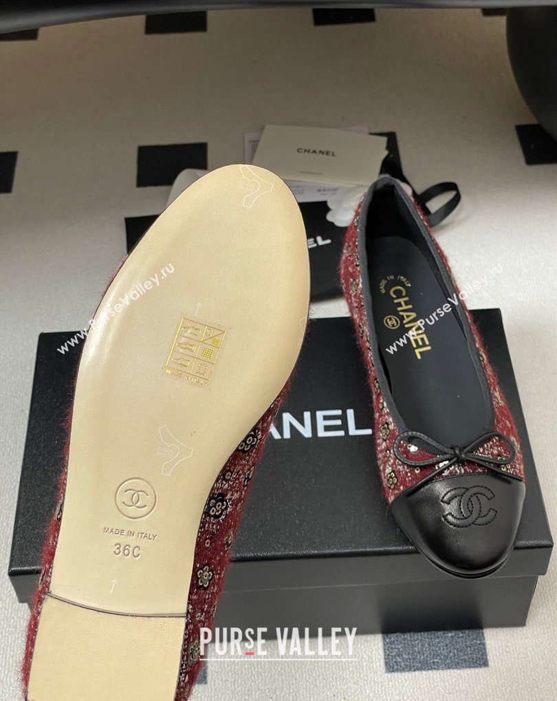 Chanel Camellia Tweed Lambskin Leather Ballet Flats with Bow Burgundy/Black 2026 G02819 0309 (MD-260309041)