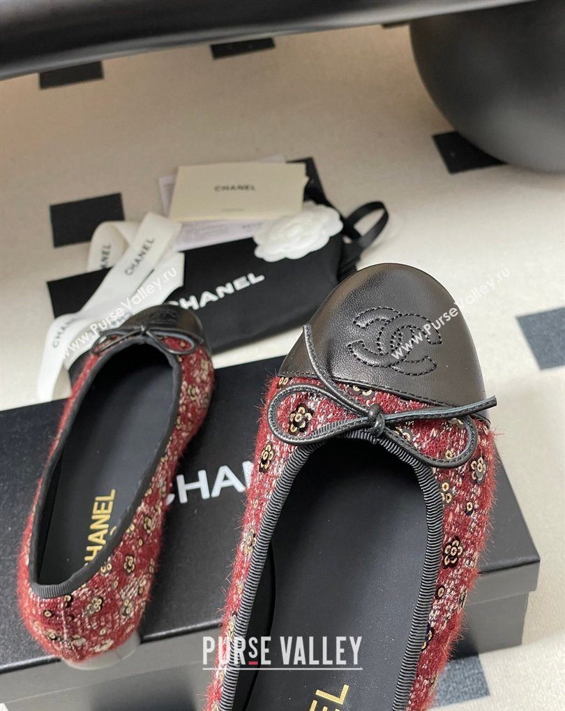 Chanel Camellia Tweed Lambskin Leather Ballet Flats with Bow Burgundy/Black 2026 G02819 0309 (MD-260309041)