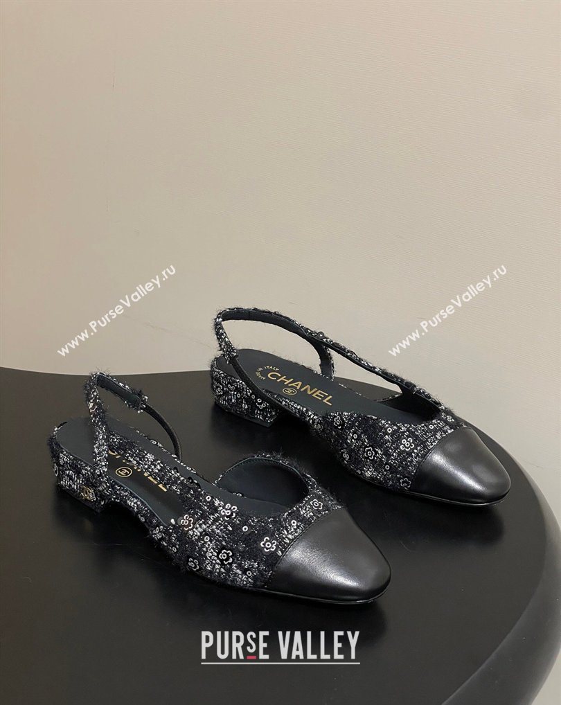 Chanel Camellia Tweed Lambskin Leather Slingbacks Flat Black 2026 G31319 0309 (MD-260309046)