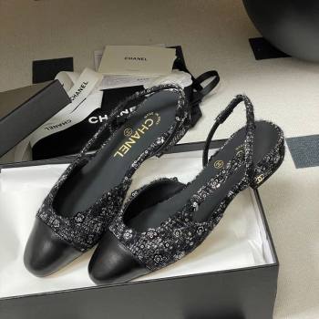 Chanel Camellia Tweed Lambskin Leather Slingbacks Flat Black 2026 G31319 0309 (MD-260309046)