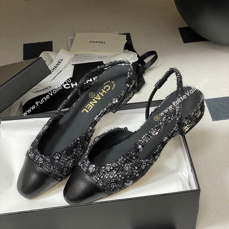 Chanel Camellia Tweed Lambskin Leather Slingbacks Flat Black 2026 G31319 0309 (MD-260309046)