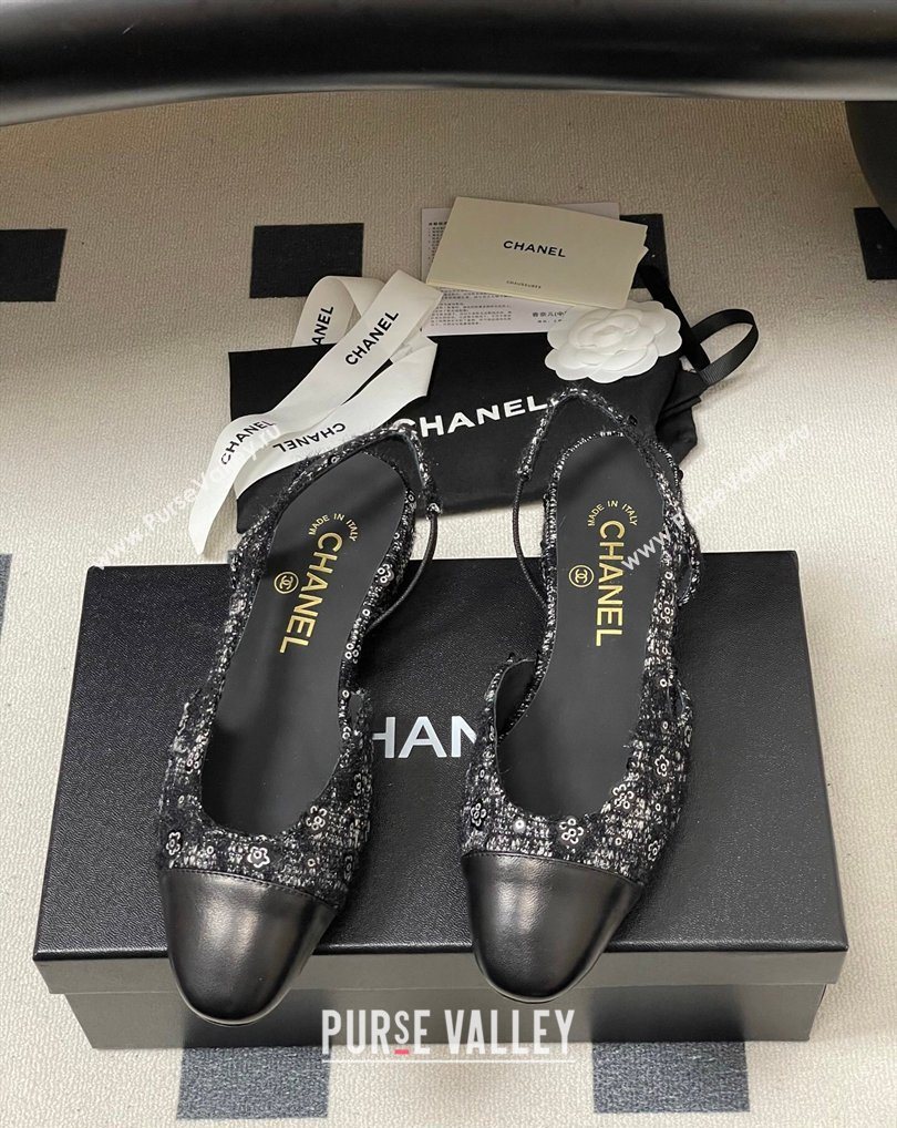Chanel Camellia Tweed Lambskin Leather Slingbacks Flat Black 2026 G31319 0309 (MD-260309046)