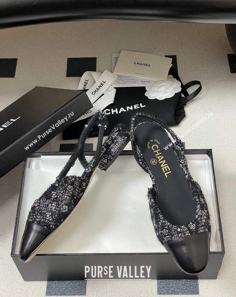 Chanel Camellia Tweed Lambskin Leather Slingbacks Flat Black 2026 G31319 0309 (MD-260309046)