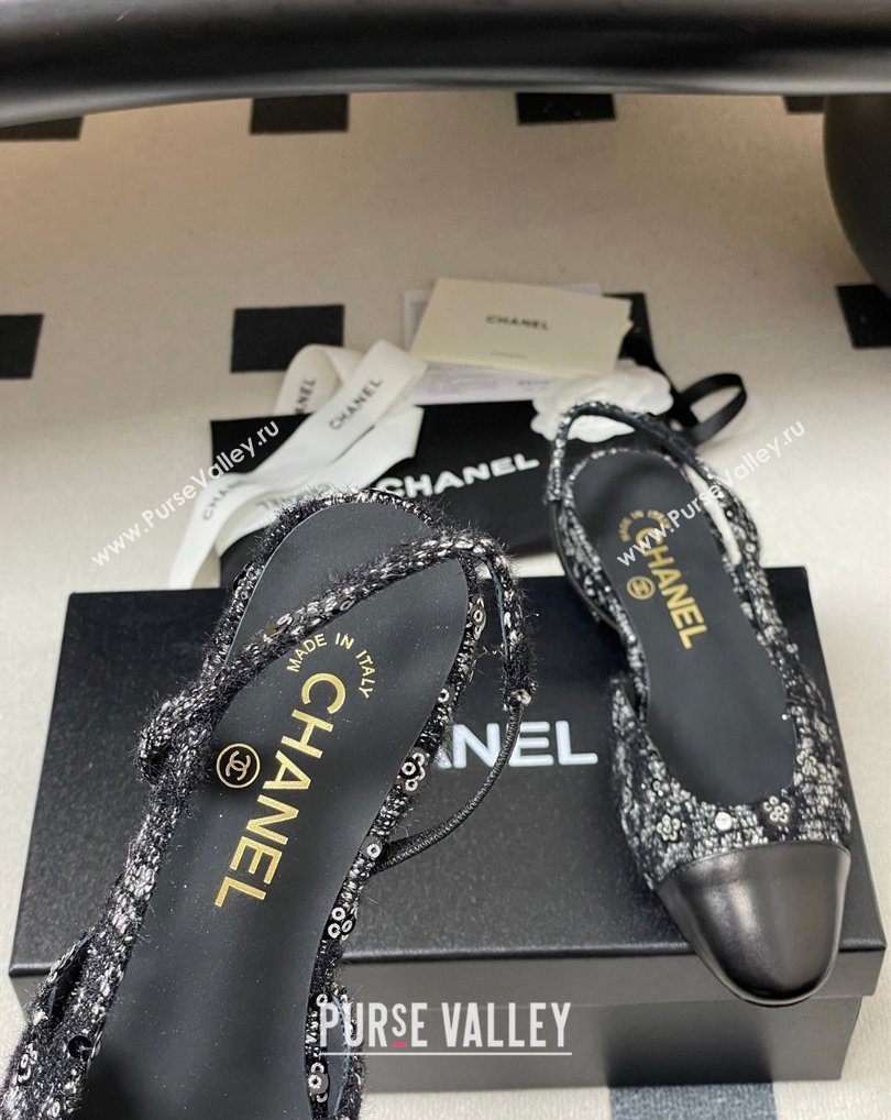 Chanel Camellia Tweed Lambskin Leather Slingbacks Flat Black 2026 G31319 0309 (MD-260309046)