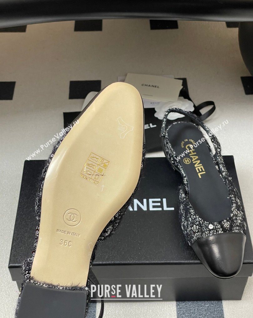 Chanel Camellia Tweed Lambskin Leather Slingbacks Flat Black 2026 G31319 0309 (MD-260309046)