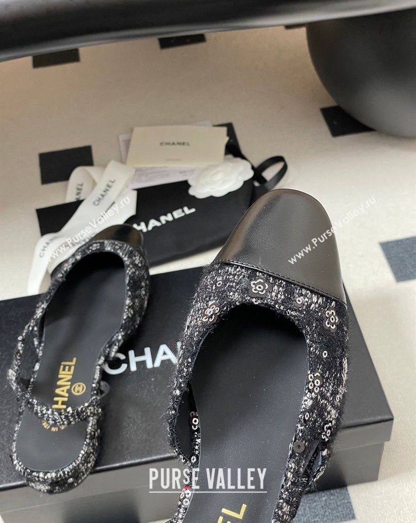 Chanel Camellia Tweed Lambskin Leather Slingbacks Flat Black 2026 G31319 0309 (MD-260309046)