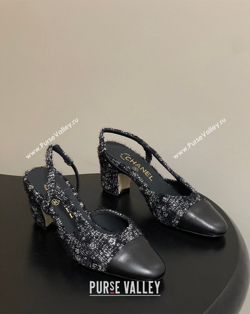 Chanel Camellia Tweed Lambskin Leather Slingbacks Pump 6.5cm Black 2026 G31318 0309 (MD-260309050)